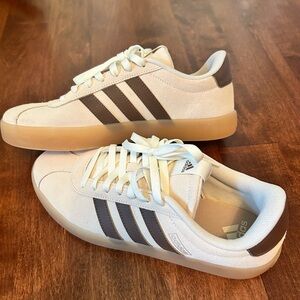 Women’s Adidas VL Court 3.0. White/brown. Gum sole